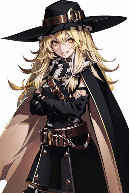 00020-3168239687-(masterpiece, best quality_1.2), , solo, 1girl, kdkirisame, grin, looking at viewer, crossed arms, witch hat, black dress, cape,.jpg